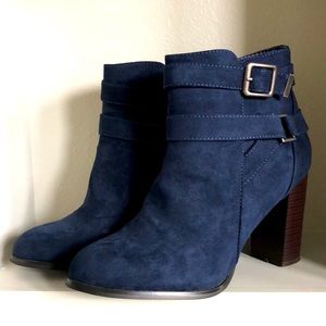 Blue Faux Suede Heeled Booties